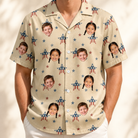 Model wearing Men's Flag Fandango Custom Face Hawaiian Shirt printed with kids' faces