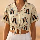 Woman wearing Women's Flag Fandango Custom Face Hawaiian Shirt tied at the waist