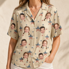 Model wearing Women's Flag Fandango Custom Face Hawaiian Shirt printed with kids' faces
