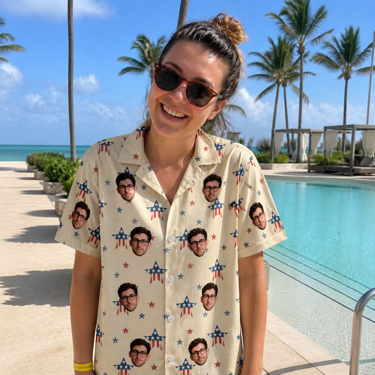 Real-life photo of someone wearing Women's Flag Fandango Custom Face Hawaiian Shirt — custom faces printed all-over