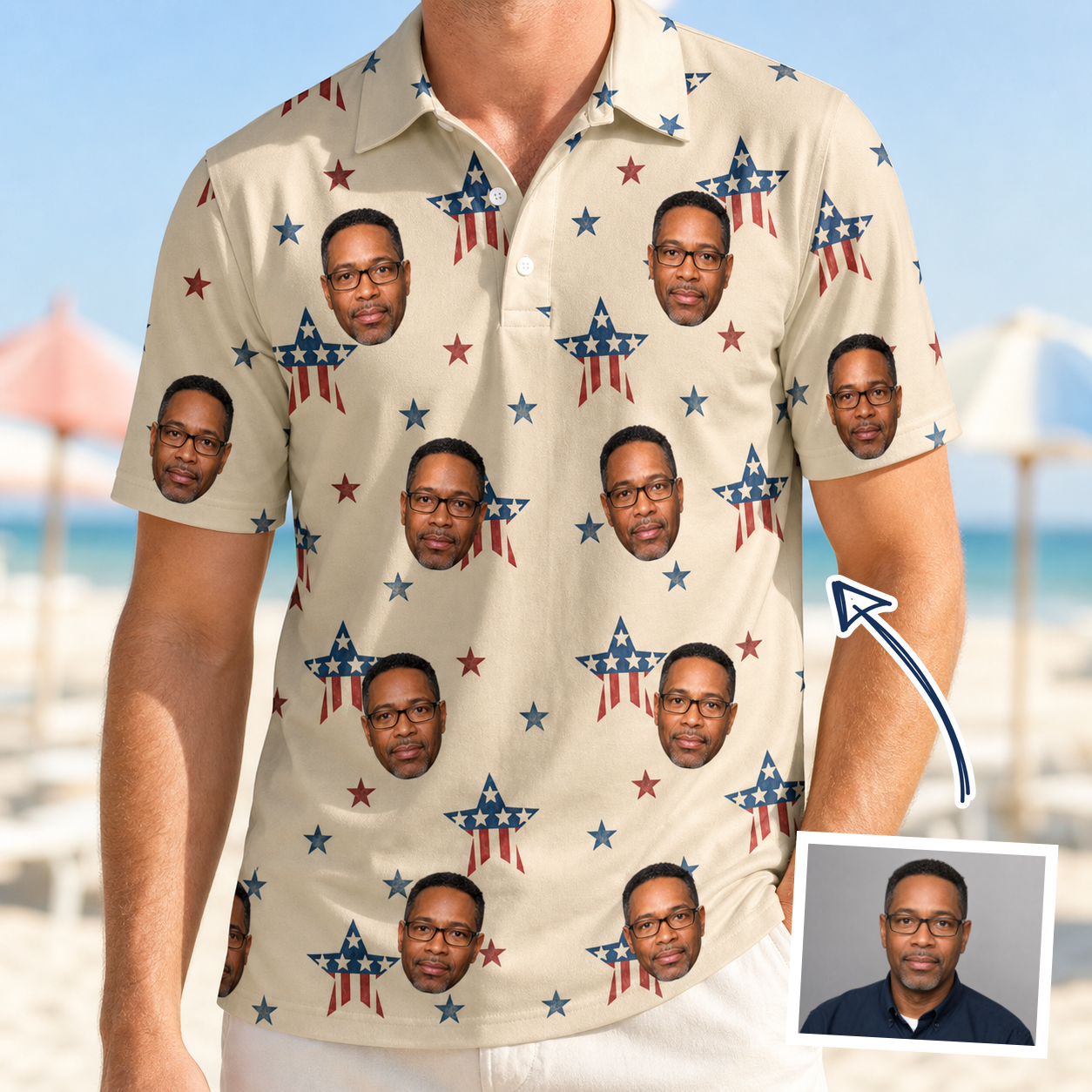 Man wearing Men's Flag Fandango Custom Face Polo Shirt — custom faces printed all-over