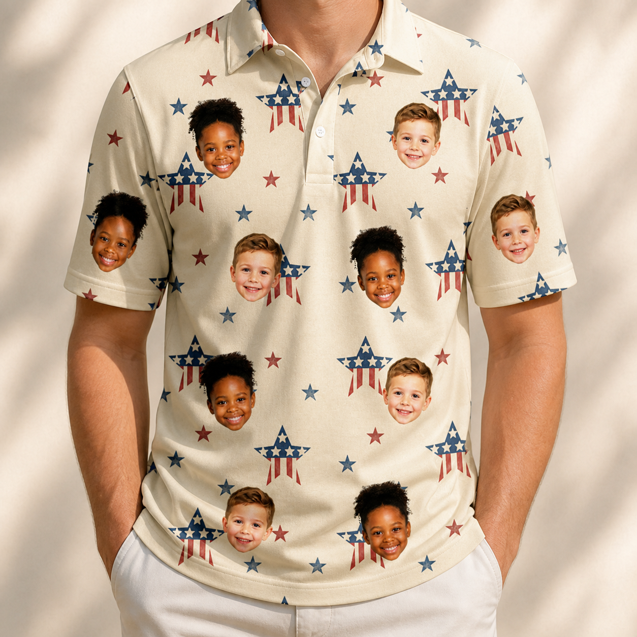 Model wearing Men's Flag Fandango Custom Face Polo Shirt printed with kids' faces
