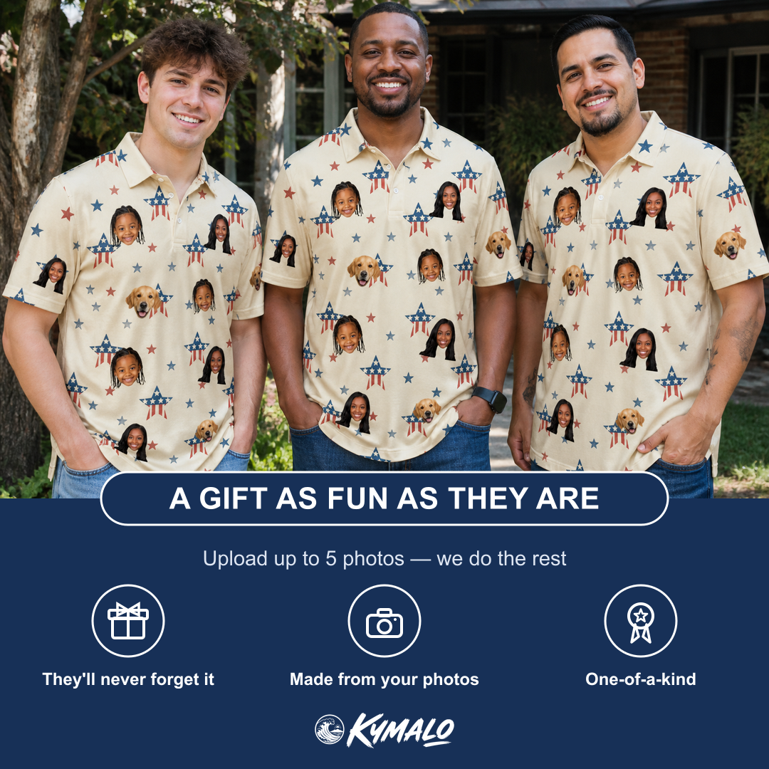 Friends in matching Men's Flag Fandango Custom Face Polo Shirt — a group gift photo