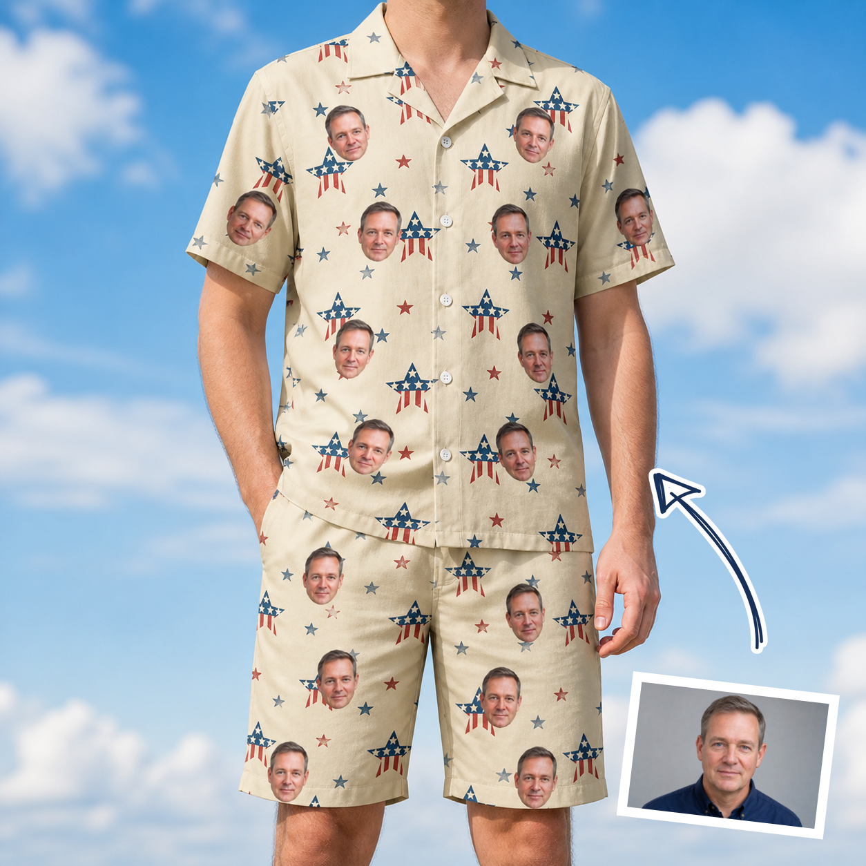 Man wearing Men's Flag Fandango Custom Face Shirt & Shorts Set — custom faces printed all-over