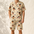 Model wearing Men's Flag Fandango Custom Face Shirt & Shorts Set printed with kids' faces