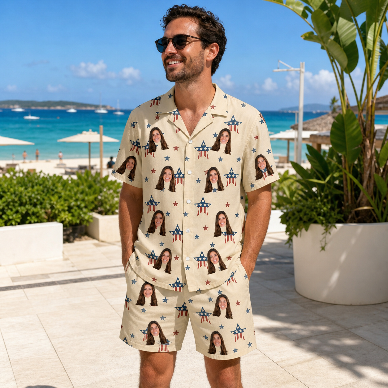 Real-life photo of someone wearing Men's Flag Fandango Custom Face Shirt & Shorts Set — custom faces printed all-over