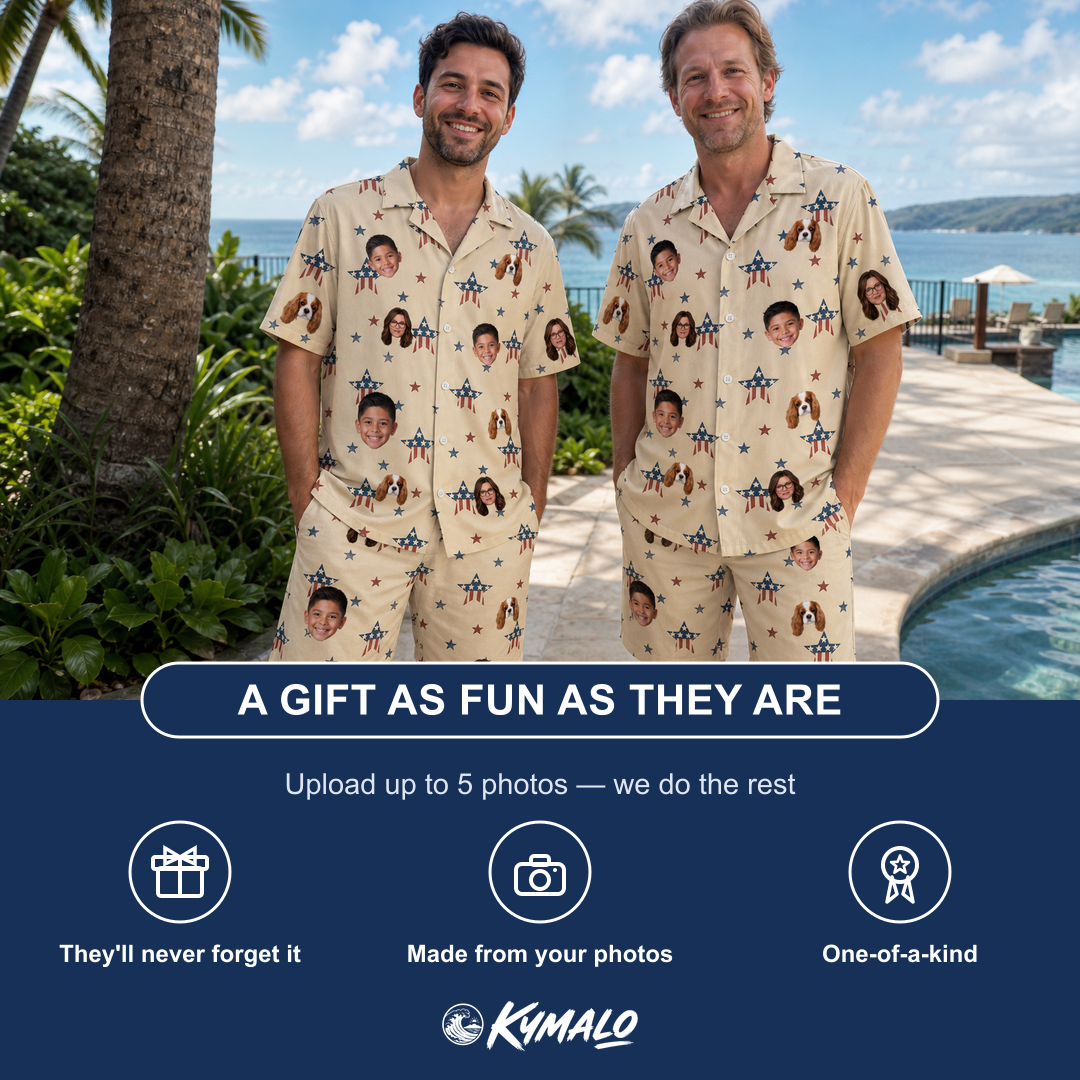 Friends in matching Men's Flag Fandango Custom Face Shirt & Shorts Set — a group gift photo