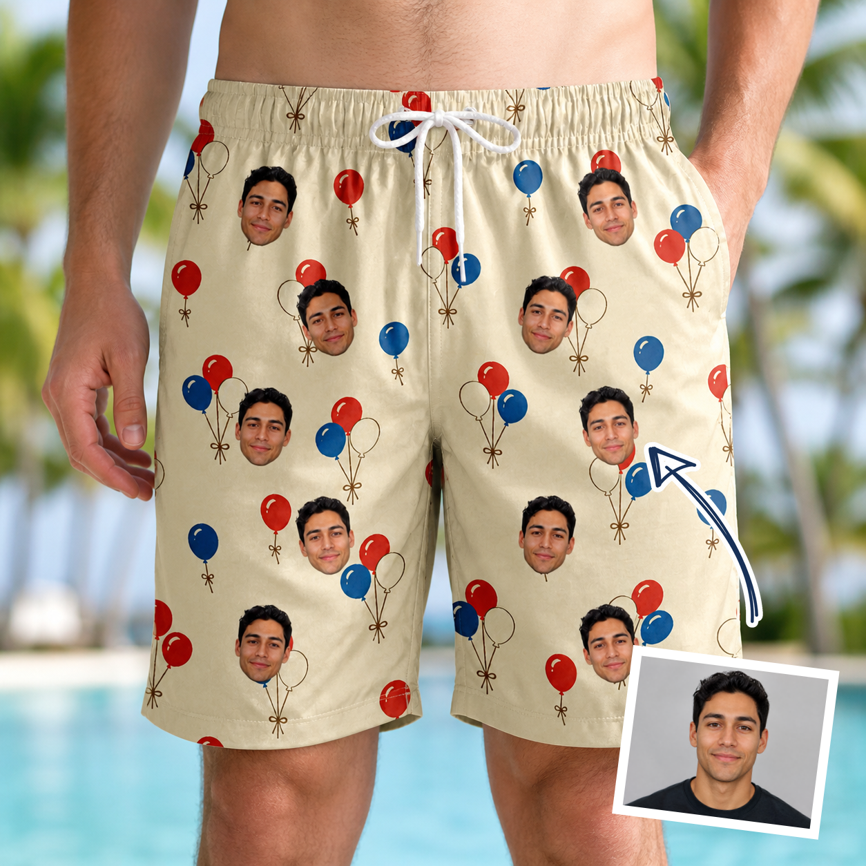 Man wearing Men's Balloon Brigade Custom Face Beach Shorts — custom faces printed all-over