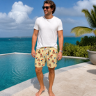 Real-life photo of someone wearing Men's Balloon Brigade Custom Face Beach Shorts — custom faces printed all-over