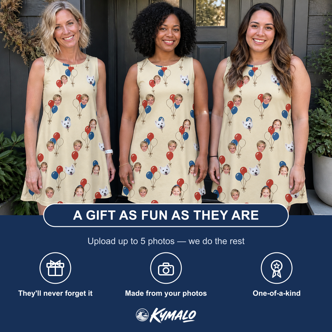Friends in matching Women's Balloon Brigade Custom Face Tank Dress — a group gift photo