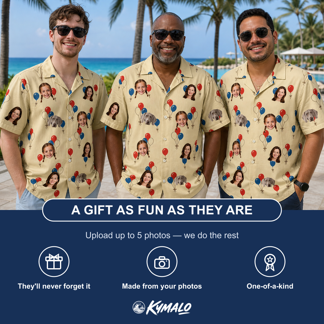 Friends in matching Men's Balloon Brigade Custom Face Hawaiian Shirt — a group gift photo