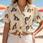 Woman wearing Women's Balloon Brigade Custom Face Hawaiian Shirt tied at the waist