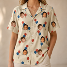 Model wearing Women's Balloon Brigade Custom Face Hawaiian Shirt printed with kids' faces