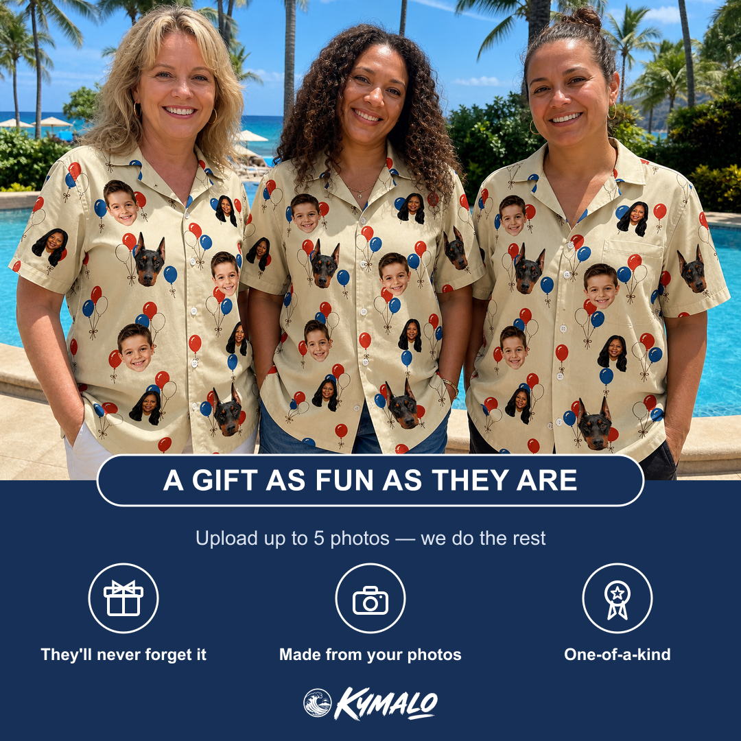 Friends in matching Women's Balloon Brigade Custom Face Hawaiian Shirt — a group gift photo