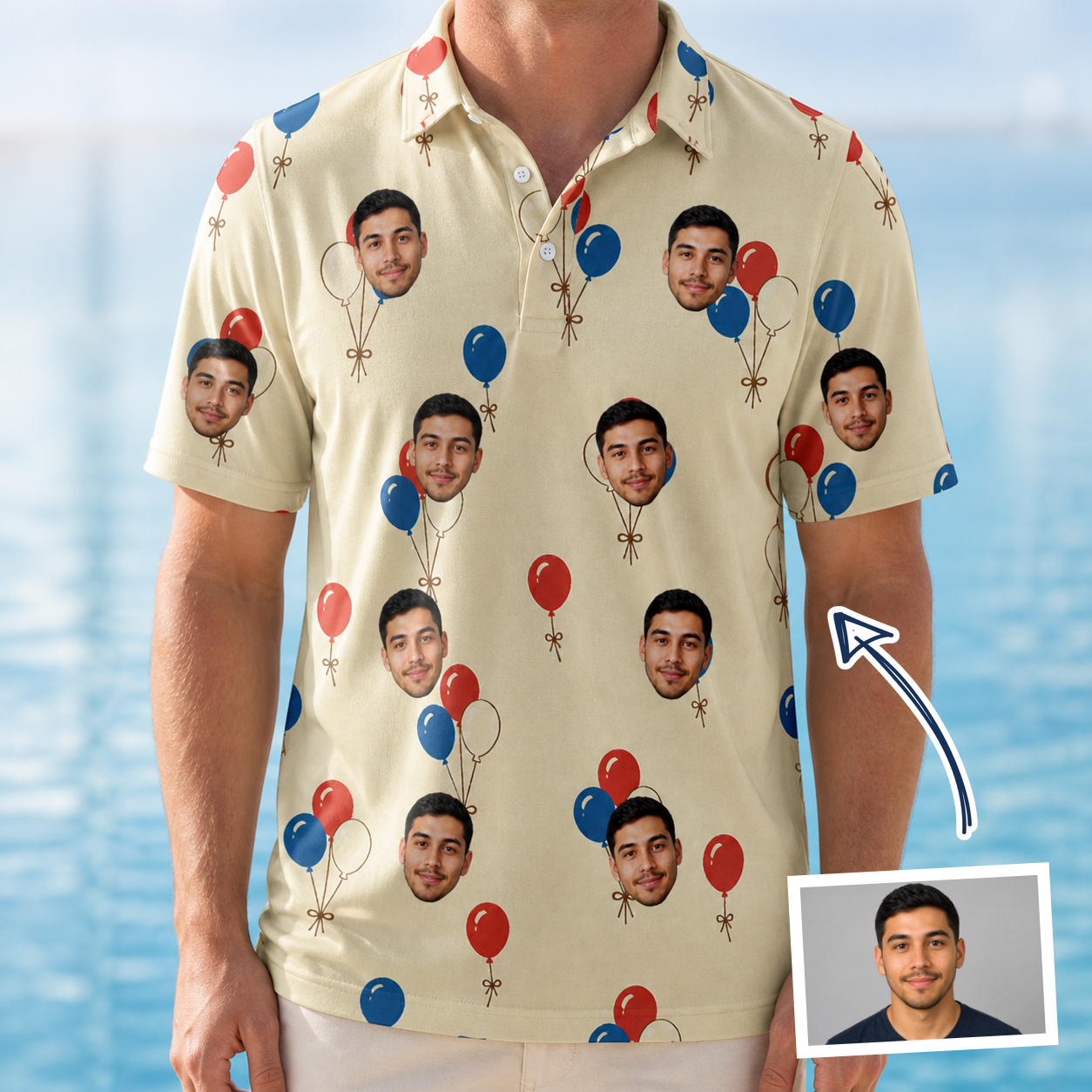 Man wearing Men's Balloon Brigade Custom Face Polo Shirt — custom faces printed all-over