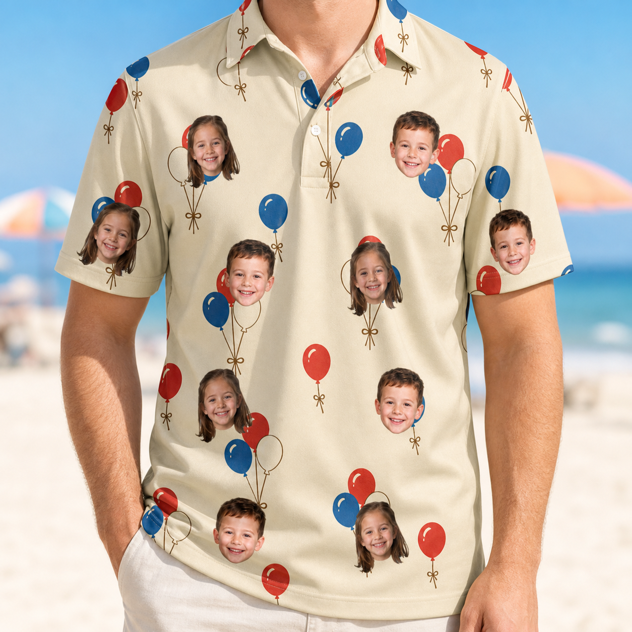 Model wearing Men's Balloon Brigade Custom Face Polo Shirt printed with kids' faces