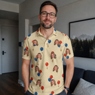 Real-life photo of someone wearing Men's Balloon Brigade Custom Face Polo Shirt — custom faces printed all-over