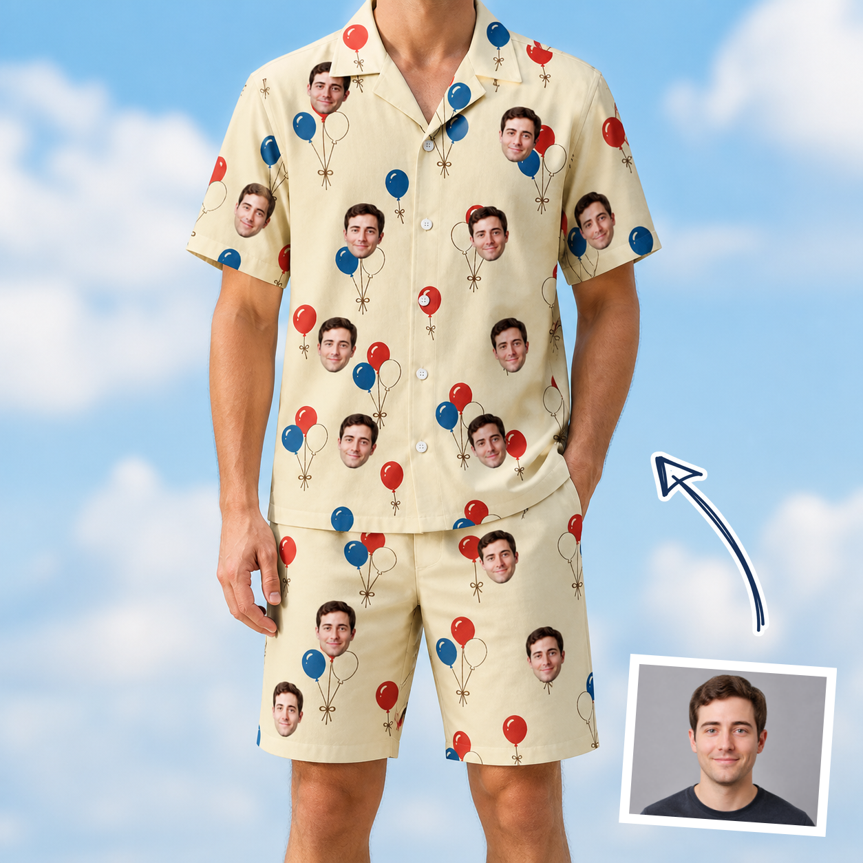 Man wearing Men's Balloon Brigade Custom Face Shirt & Shorts Set — custom faces printed all-over
