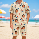 Model wearing Men's Balloon Brigade Custom Face Shirt & Shorts Set printed with kids' faces