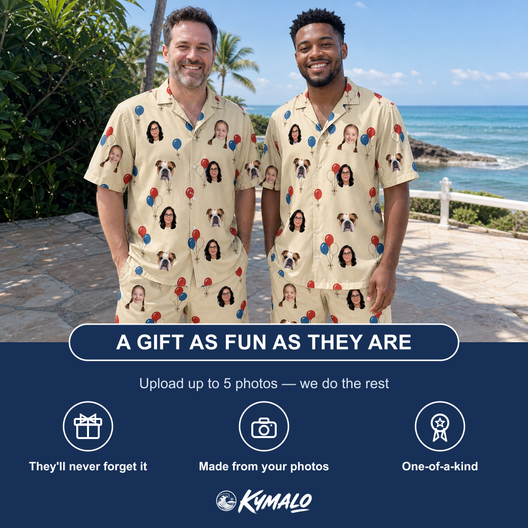 Friends in matching Men's Balloon Brigade Custom Face Shirt & Shorts Set — a group gift photo