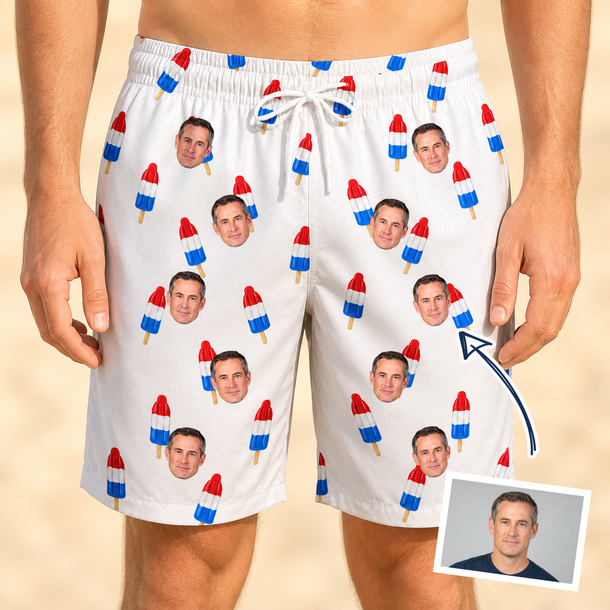 Man wearing Men's Cool Colonies Custom Face Beach Shorts — custom faces printed all-over
