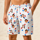 Model wearing Men's Cool Colonies Custom Face Beach Shorts printed with kids' faces