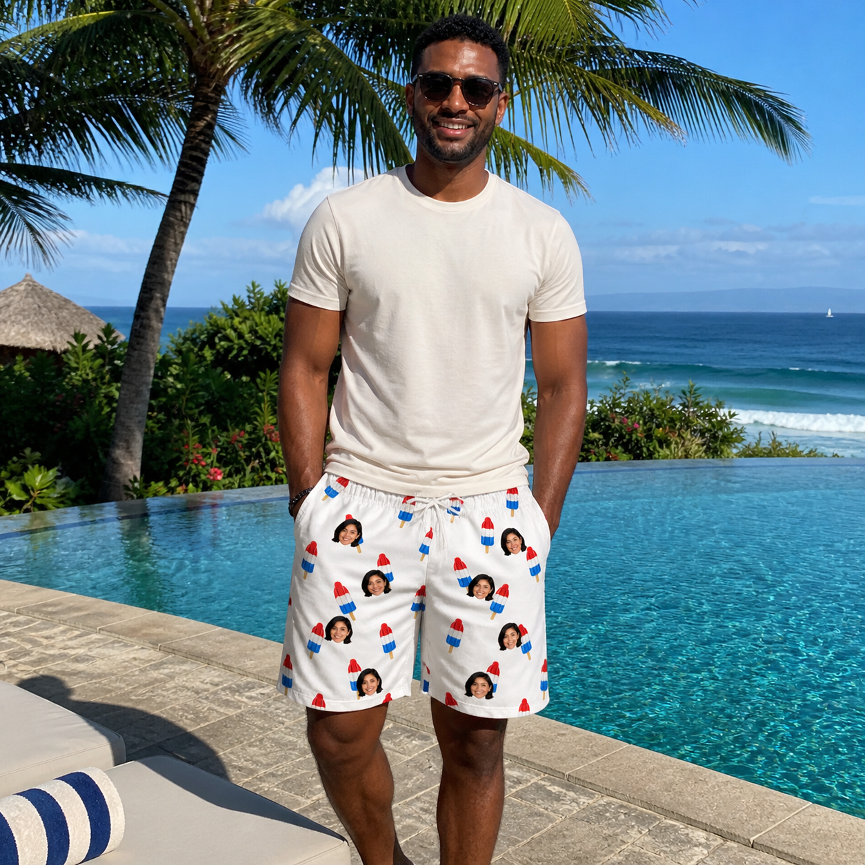 Real-life photo of someone wearing Men's Cool Colonies Custom Face Beach Shorts — custom faces printed all-over