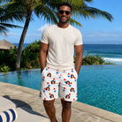 Real-life photo of someone wearing Men's Cool Colonies Custom Face Beach Shorts — custom faces printed all-over