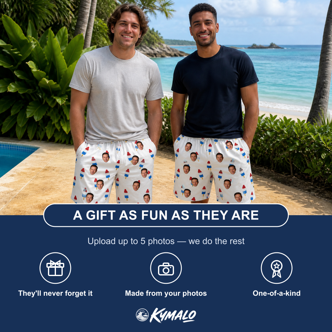 Friends in matching Men's Cool Colonies Custom Face Beach Shorts — a group gift photo