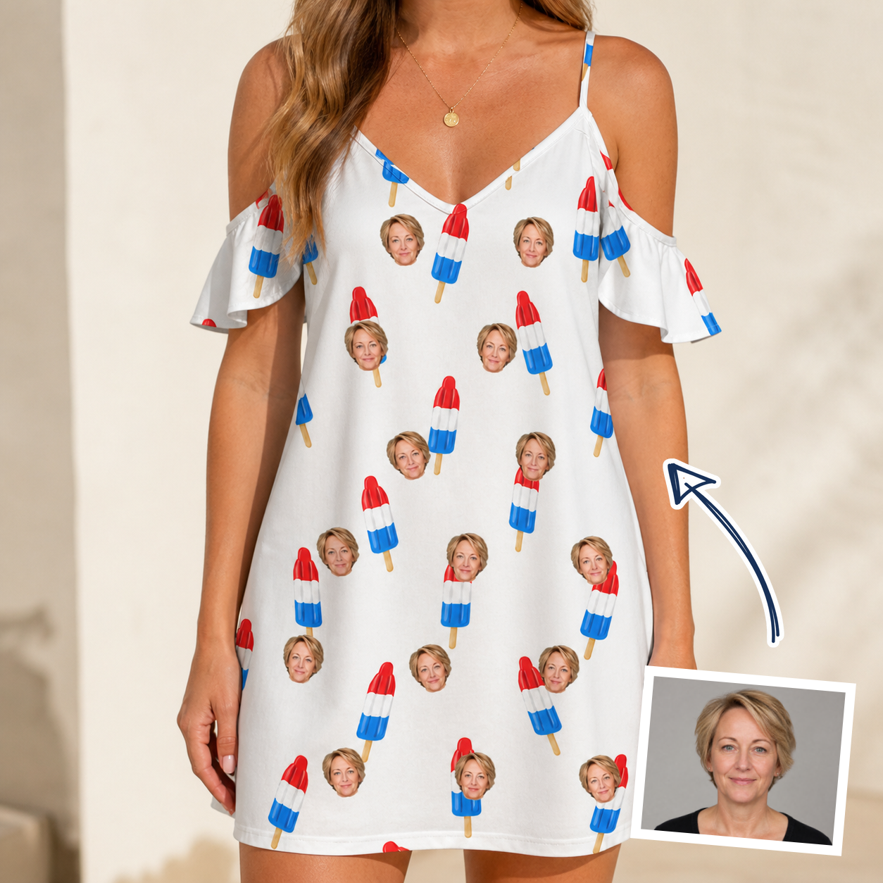 Woman wearing Women's Cool Colonies Custom Face Off-Shoulder Dress — custom faces printed all-over