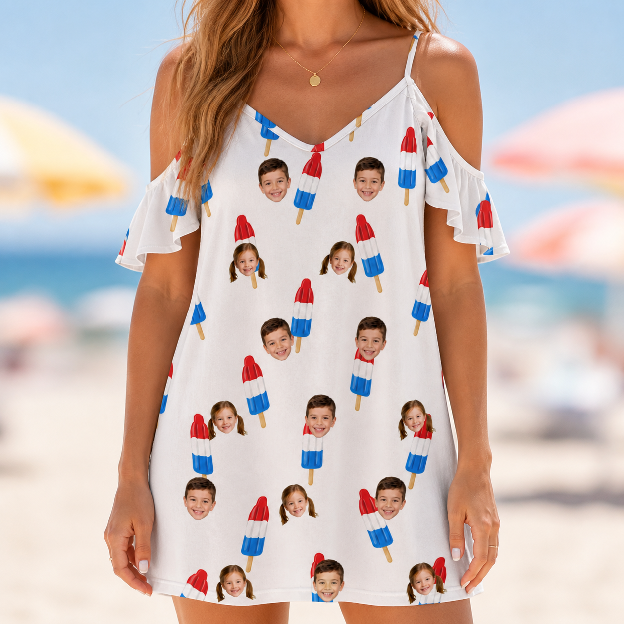 Model wearing Women's Cool Colonies Custom Face Off-Shoulder Dress printed with kids' faces