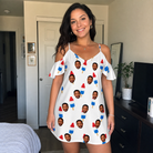 Real-life photo of someone wearing Women's Cool Colonies Custom Face Off-Shoulder Dress — custom faces printed all-over