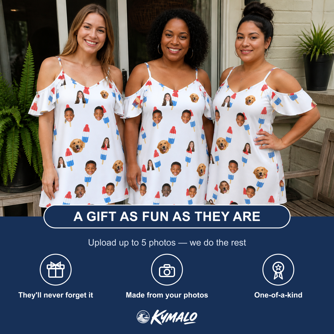 Friends in matching Women's Cool Colonies Custom Face Off-Shoulder Dress — a group gift photo