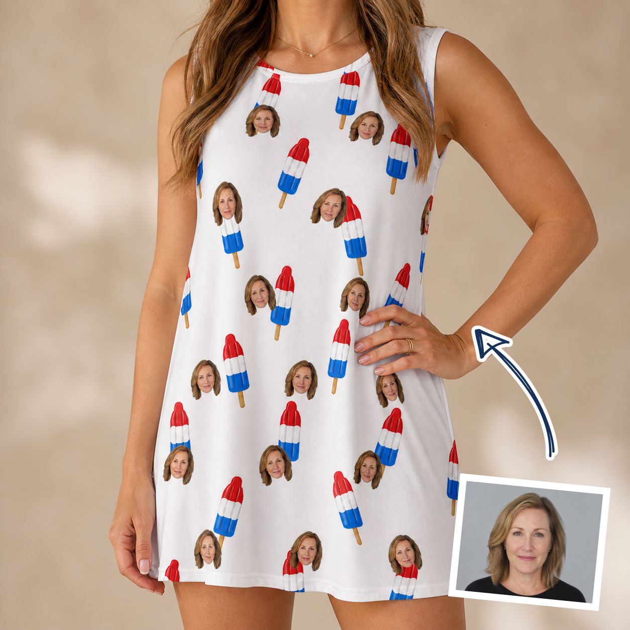 Woman wearing Women's Cool Colonies Custom Face Tank Dress — custom faces printed all-over