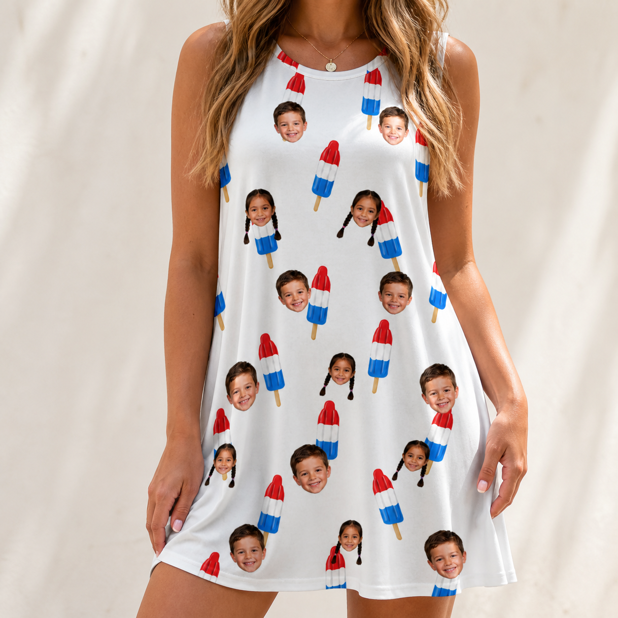 Model wearing Women's Cool Colonies Custom Face Tank Dress printed with kids' faces