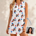 Woman wearing Women's Cool Colonies Custom Face V-Neck Dress — custom faces printed all-over