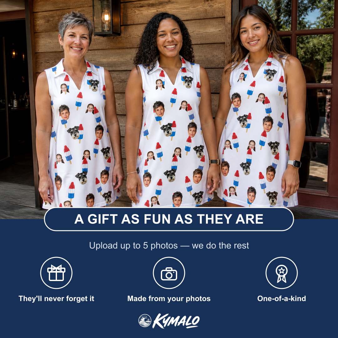Friends in matching Women's Cool Colonies Custom Face V-Neck Dress — a group gift photo