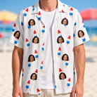 Man wearing Men's Cool Colonies Custom Face Hawaiian Shirt open over a white tee