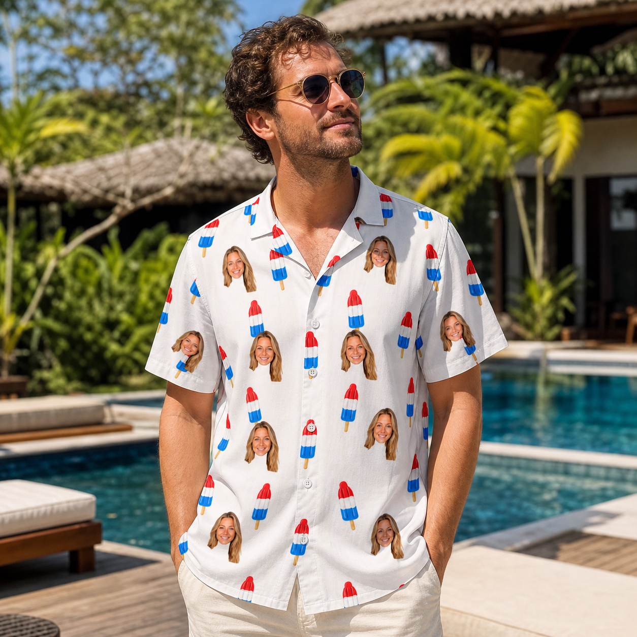 Real-life photo of someone wearing Men's Cool Colonies Custom Face Hawaiian Shirt — custom faces printed all-over