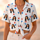 Woman wearing Women's Cool Colonies Custom Face Hawaiian Shirt tied at the waist