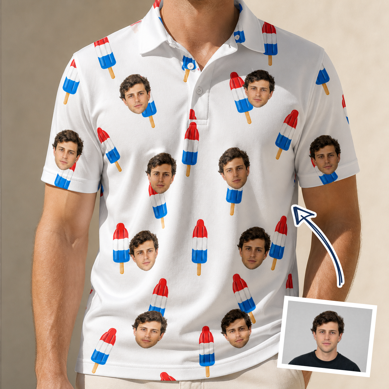Man wearing Men's Cool Colonies Custom Face Polo Shirt — custom faces printed all-over