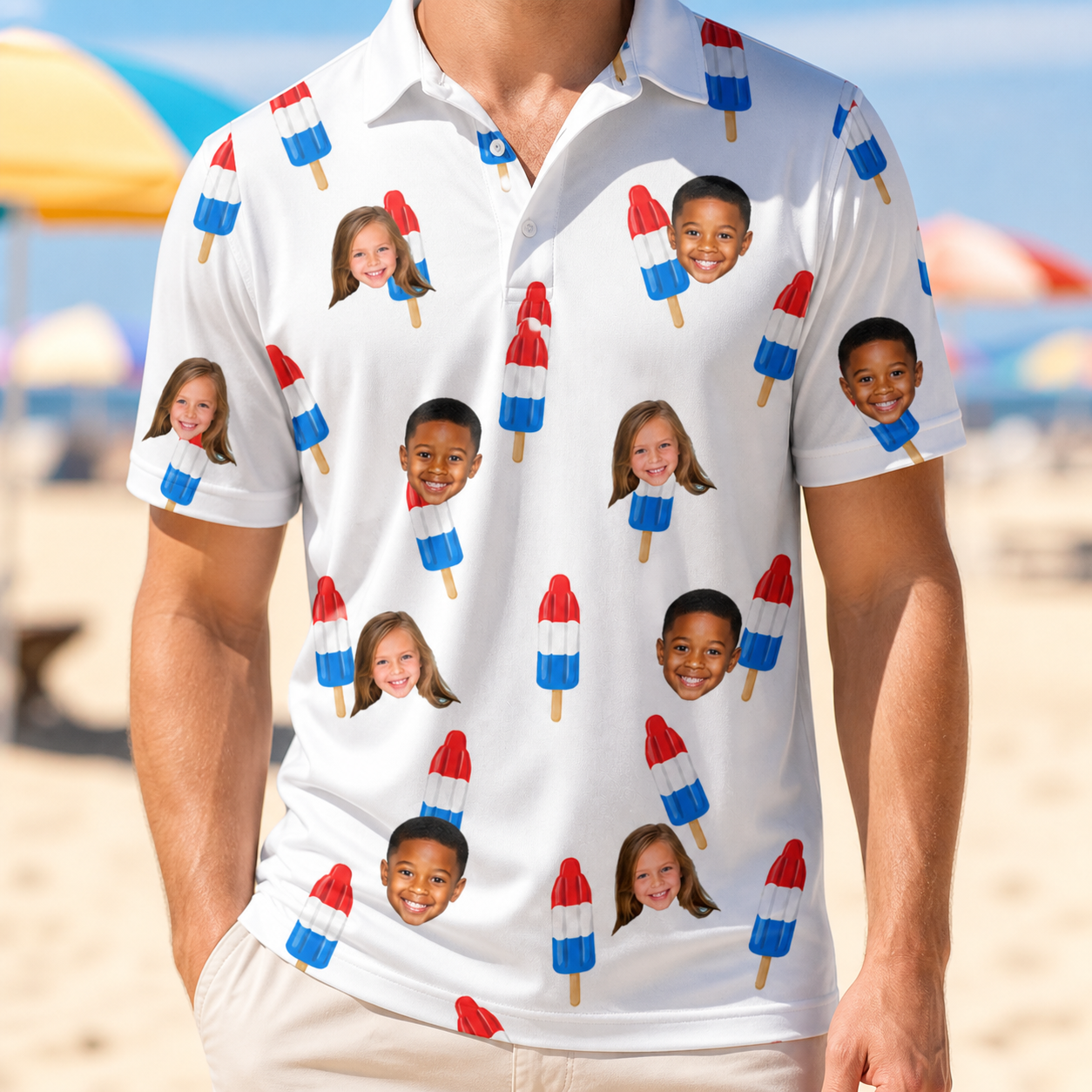 Model wearing Men's Cool Colonies Custom Face Polo Shirt printed with kids' faces