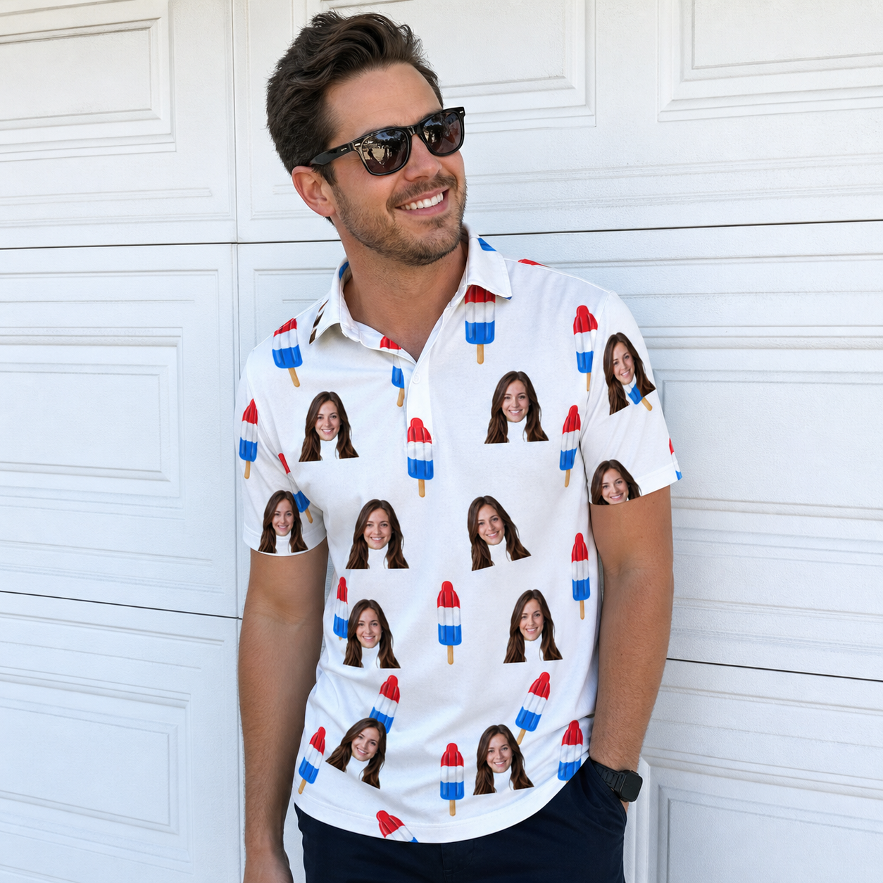 Real-life photo of someone wearing Men's Cool Colonies Custom Face Polo Shirt — custom faces printed all-over