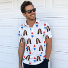 Real-life photo of someone wearing Men's Cool Colonies Custom Face Polo Shirt — custom faces printed all-over