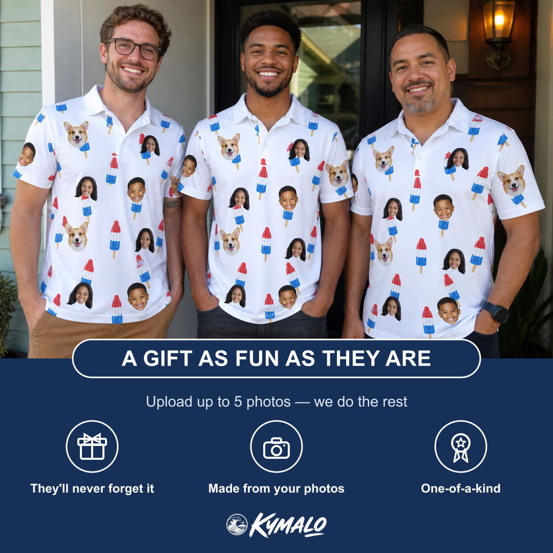 Friends in matching Men's Cool Colonies Custom Face Polo Shirt — a group gift photo