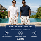 Friends in matching Men's Ruby Ruffles Custom Face Beach Shorts — a group gift photo