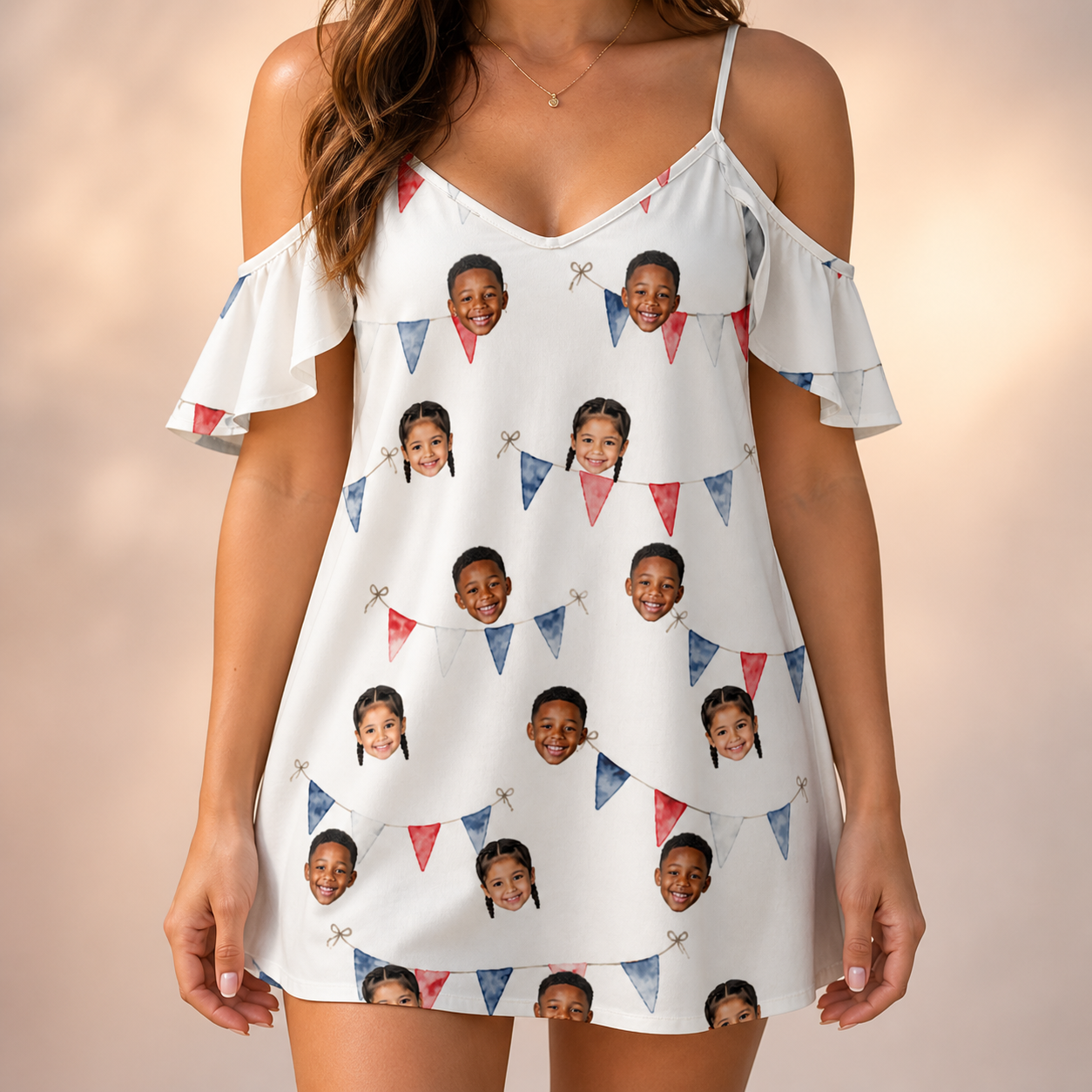Model wearing Women's Ruby Ruffles Custom Face Off-Shoulder Dress printed with kids' faces