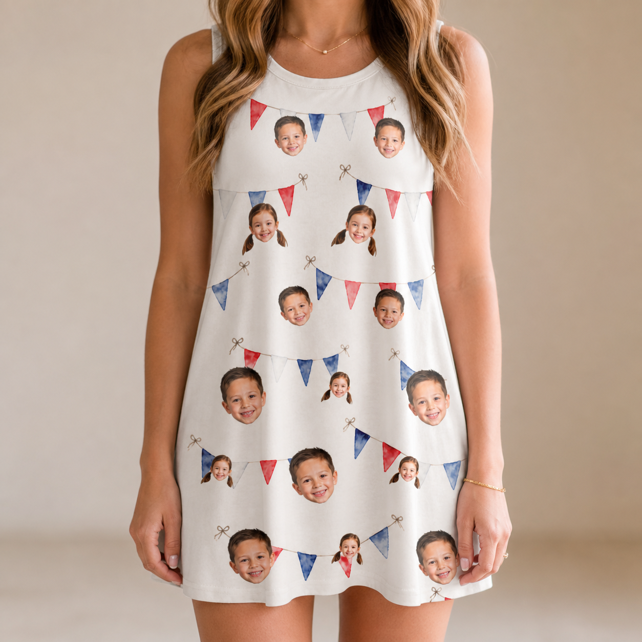 Model wearing Women's Ruby Ruffles Custom Face Tank Dress printed with kids' faces
