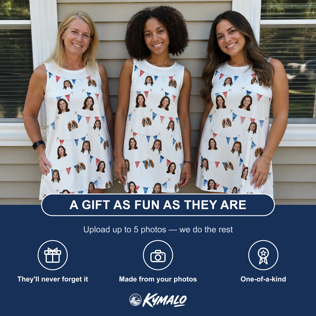 Friends in matching Women's Ruby Ruffles Custom Face Tank Dress — a group gift photo