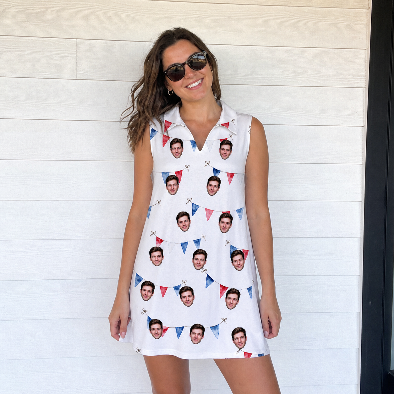Real-life photo of someone wearing Women's Ruby Ruffles Custom Face V-Neck Dress — custom faces printed all-over